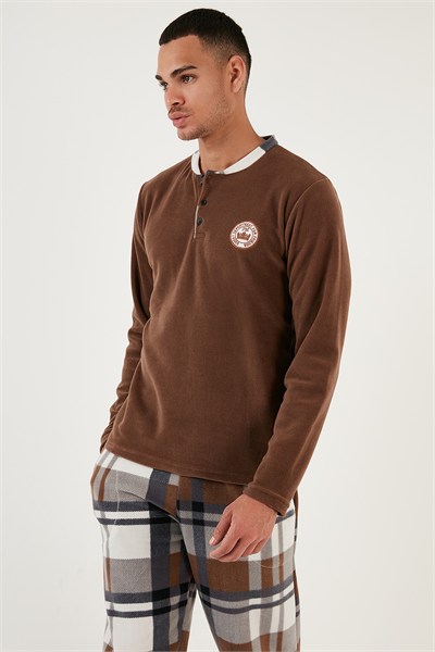 Regular Fit Bisiklet Yaka Kışlık Yumuşak Dokulu Polar Erkek Pijama Takımı 6096100 CAMEL
