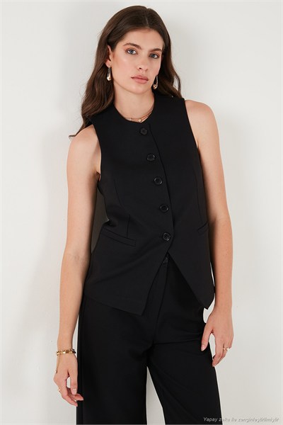 Regular Fit Bisiklet Yaka Kolsuz Düğmeli Basic Bluz Kadın Yelek 65200004 SİYAH