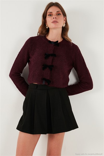 Regular Fit Bisiklet Yaka Kurdele Detaylı Premium Kadın Hırka 680HI00105 BORDO