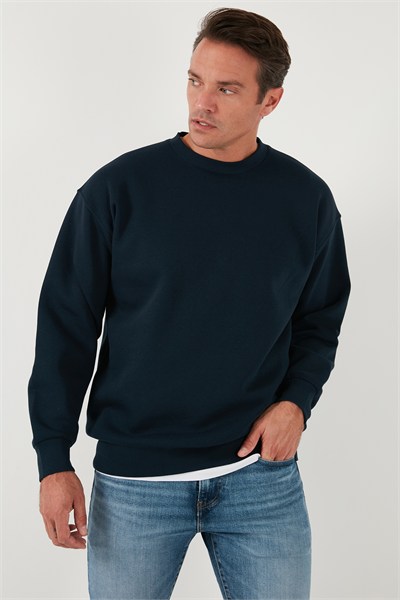 Regular Fit Bisiklet Yaka Pamuklu İçi Tüylü Yumuşak Şardonlu Erkek Sweat 5905255 KOYU LACİVERT