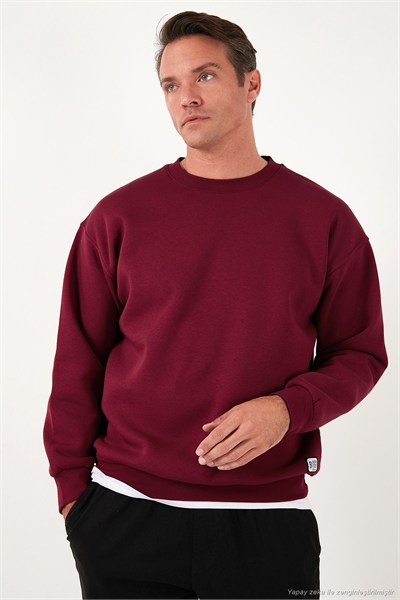 Regular Fit Bisiklet Yaka Pamuklu İçi Tüylü Yumuşak Şardonlu Erkek Sweat 5905255 BORDO
