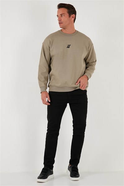 Regular Fit Bisiklet Yaka Pamuklu İçi Tüylü Yumuşak Şardonlu Erkek Sweat 5905405 Vizon Yeşili