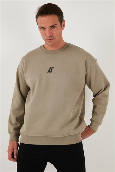 Regular Fit Bisiklet Yaka Pamuklu İçi Tüylü Yumuşak Şardonlu Erkek Sweat 5905405 Vizon Yeşili