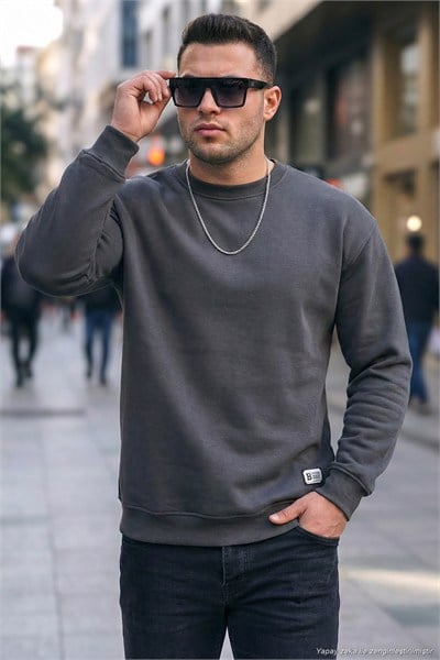 Regular Fit Bisiklet Yaka Pamuklu İçi Tüylü Yumuşak Şardonlu Erkek Sweat 5905255 ANTRASİT