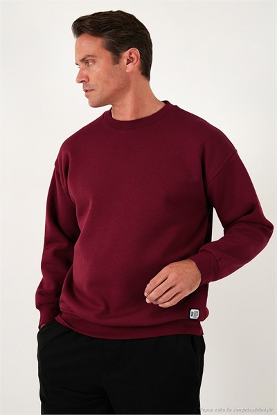 Regular Fit Bisiklet Yaka Pamuklu İçi Tüylü Yumuşak Şardonlu Erkek Sweat 5905255 BORDO