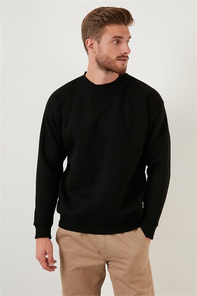 Regular Fit Bisiklet Yaka Pamuklu İçi Tüylü Yumuşak Şardonlu Erkek Sweat 5905255 SİYAH