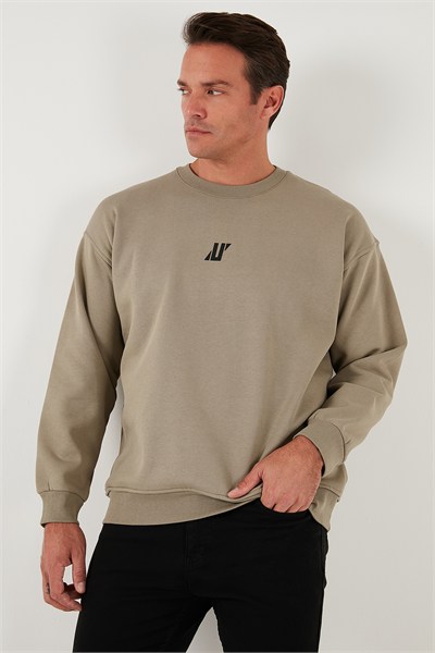 Regular Fit Bisiklet Yaka Pamuklu İçi Tüylü Yumuşak Şardonlu Erkek Sweat 5905405 Vizon Yeşili