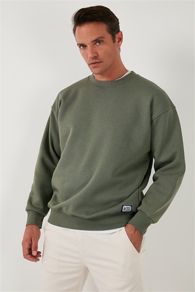 Regular Fit Bisiklet Yaka Pamuklu İçi Tüylü Yumuşak Şardonlu Erkek Sweat 5905255 HAKİ