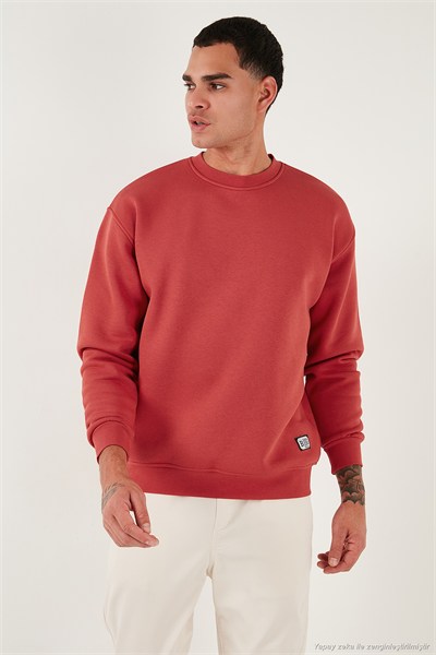 Regular Fit Bisiklet Yaka Pamuklu İçi Tüylü Yumuşak Şardonlu Erkek Sweat 5905255 BAYRAK KIRMIZI