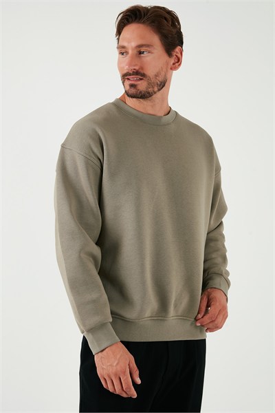 Regular Fit Bisiklet Yaka Pamuklu İçi Tüylü Yumuşak Şardonlu Erkek Sweat 5905255 Vizon Yeşili