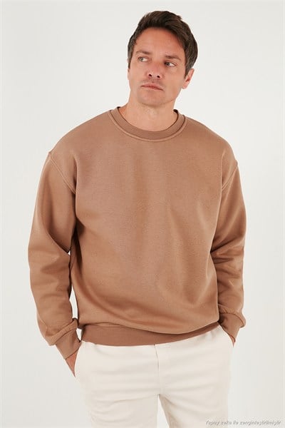 Regular Fit Bisiklet Yaka Pamuklu İçi Tüylü Yumuşak Şardonlu Erkek Sweat 5905255 Tarçın