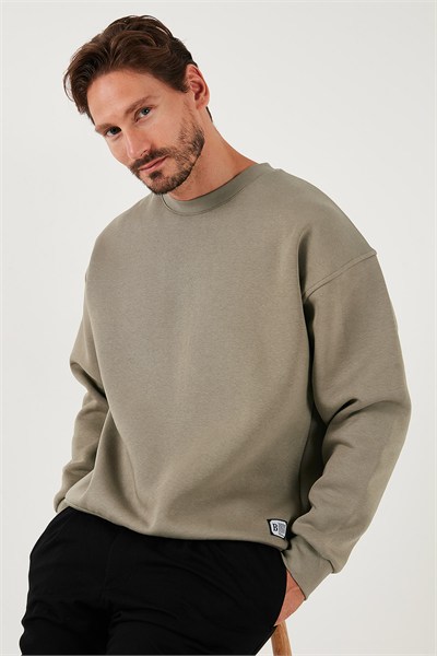 Regular Fit Bisiklet Yaka Pamuklu İçi Tüylü Yumuşak Şardonlu Erkek Sweat 5905255 Vizon Yeşili
