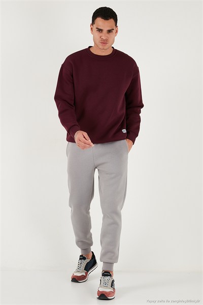 Regular Fit Bisiklet Yaka Pamuklu İçi Tüylü Yumuşak Şardonlu Erkek Sweat 5905255 VİŞNE