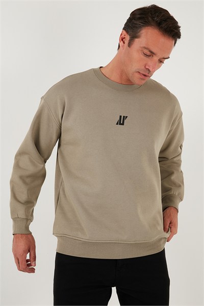 Regular Fit Bisiklet Yaka Pamuklu İçi Tüylü Yumuşak Şardonlu Erkek Sweat 5905405 Vizon Yeşili
