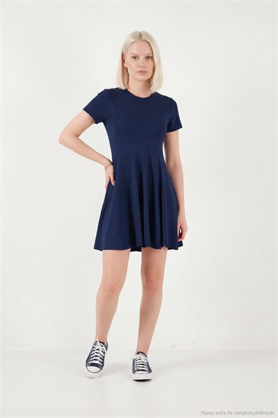 Regular Fit Bisiklet Yaka Pileli Mini Kadın Elbise 5866342 LACİVERT