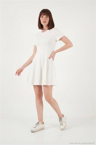 Regular Fit Bisiklet Yaka Pileli Mini Kadın Elbise 5866342 EKRU