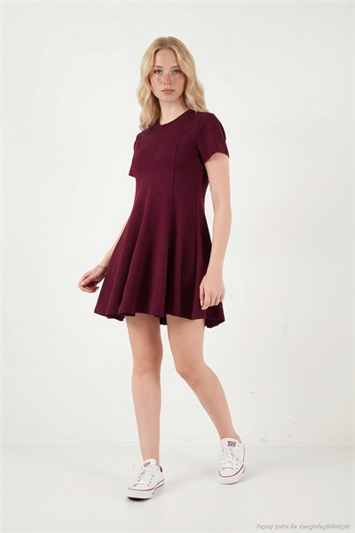 Regular Fit Bisiklet Yaka Pileli Mini Kadın Elbise 5866342 BORDO