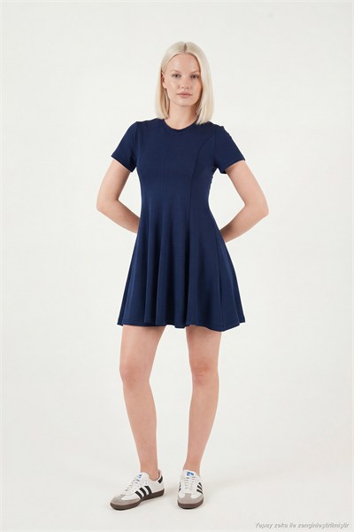 Regular Fit Bisiklet Yaka Pileli Mini Kadın Elbise 5866342 LACİVERT