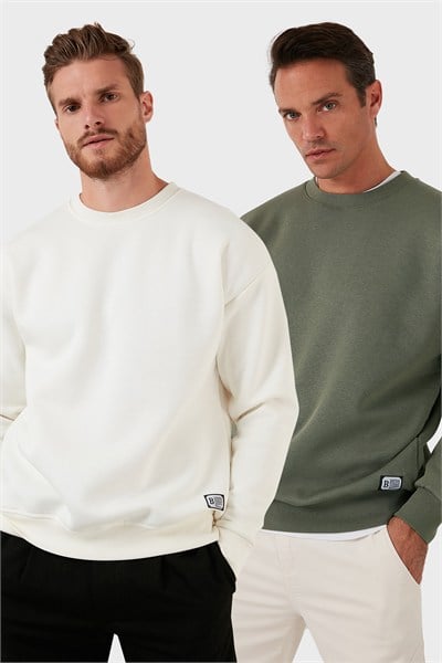 Regular Fit Bisiklet Yaka Şardonlu 2li Paket Erkek Sweat 5905255S2 Ekru-Haki