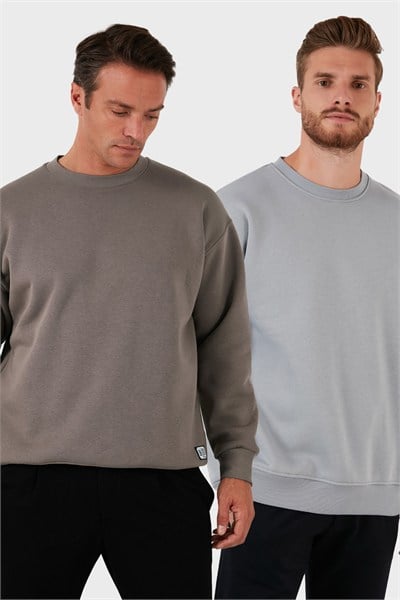 Regular Fit Bisiklet Yaka Şardonlu 2li Paket Erkek Sweat 5905255S2 TOPRAK-AÇIK GRİ
