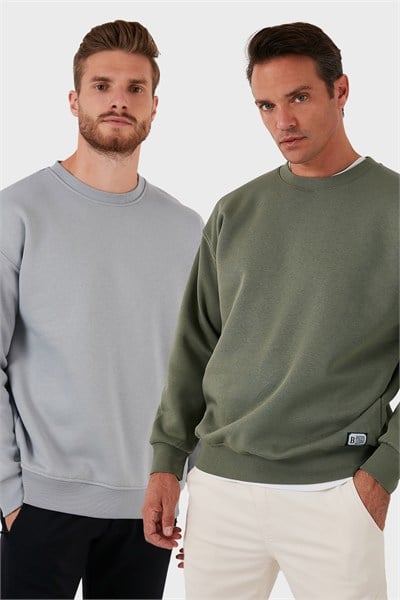 Regular Fit Bisiklet Yaka Şardonlu 2li Paket Erkek Sweat 5905255S2 AÇIK GRİ-HAKİ