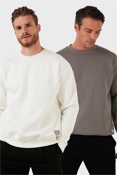 Regular Fit Bisiklet Yaka Şardonlu 2li Paket Erkek Sweat 5905255S2 Ekru-Toprak