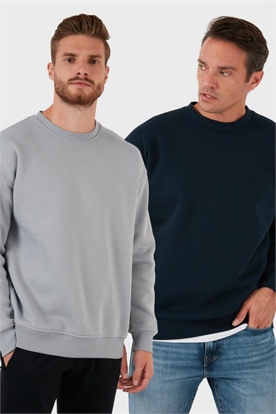 Regular Fit Bisiklet Yaka Şardonlu 2li Paket Erkek Sweat 5905255S2 Açık Gri-Koyu Lacivert