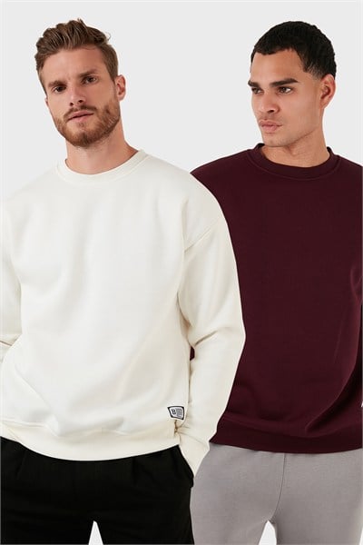 Regular Fit Bisiklet Yaka Şardonlu 2li Paket Erkek Sweat 5905255S2 EKRU-VİŞNE