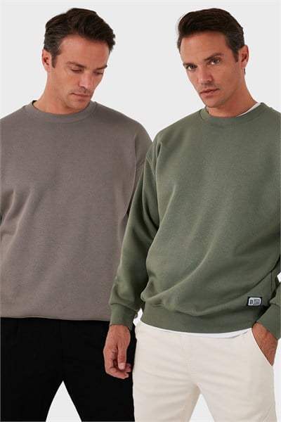 Regular Fit Bisiklet Yaka Şardonlu 2li Paket Erkek Sweat 5905255S2 TOPRAK-HAKİ