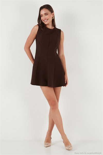 Regular Fit Bisiklet Yaka Volanlı Mini Boy Abiye Kadın Elbise 6525647 KAHVE