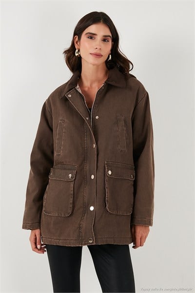 Regular Fit Ceket Yaka Kadife Ekose Astarlı Ceket Kadın Mont 6810330 KAHVE