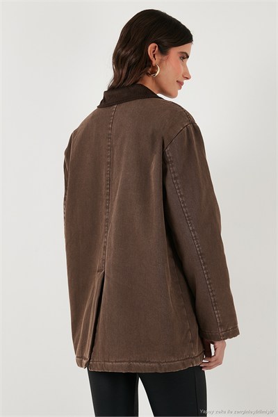 Regular Fit Ceket Yaka Kadife Ekose Astarlı Ceket Kadın Mont 6810330 KAHVE