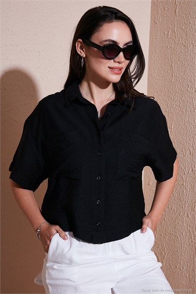 Regular Fit Cep Detaylı Kısa Kollu Kadın Gömlek 6778568 SİYAH
