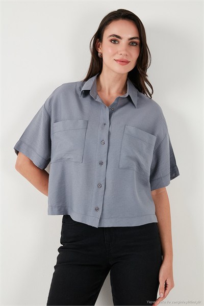 Regular Fit Cep Detaylı Kısa Kollu Kadın Gömlek 6778568 GRİ