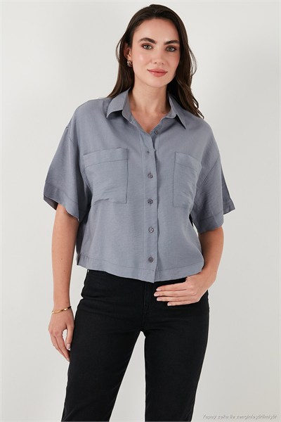 Regular Fit Cep Detaylı Kısa Kollu Kadın Gömlek 6778568 GRİ