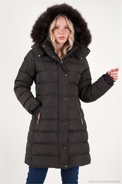Regular Fit Çıkarılabilir Kapüşonlu Fermuarlı Cepli Şişme Kadın Mont 497EMİLY KAHVE