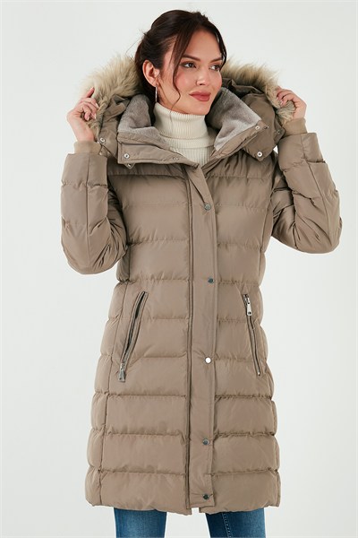 Regular Fit Çıkarılabilir Kapüşonlu Fermuarlı Cepli Şişme Kadın Mont 497EMİLY KOYU BEJ