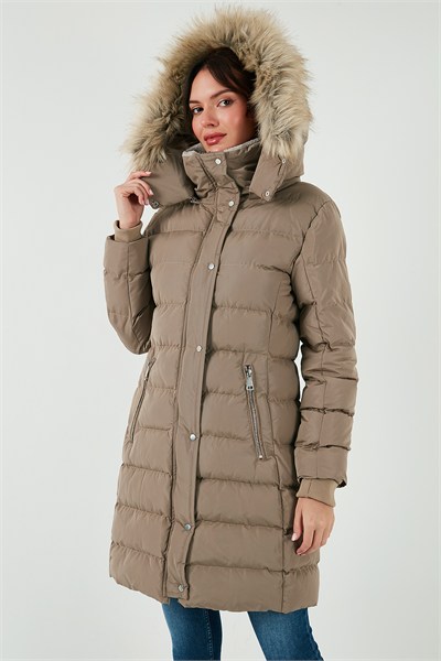 Regular Fit Çıkarılabilir Kapüşonlu Fermuarlı Cepli Şişme Kadın Mont 497EMİLY KOYU BEJ