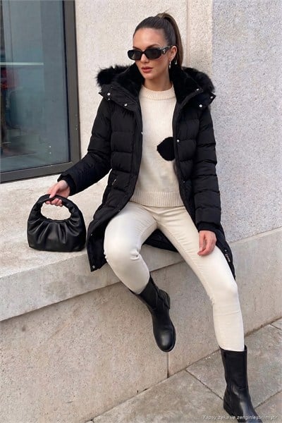 Regular Fit Çıkarılabilir Kapüşonlu Fermuarlı Cepli Şişme Kadın Mont 497EMİLY SİYAH