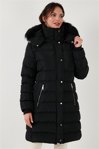 Regular Fit Çıkarılabilir Kapüşonlu Fermuarlı Cepli Şişme Kadın Mont 497EMİLY SİYAH