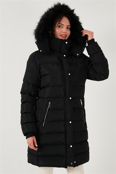 Regular Fit Çıkarılabilir Kapüşonlu Fermuarlı Cepli Şişme Kadın Mont 497EMİLY SİYAH