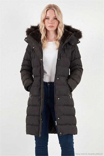 Regular Fit Çıkarılabilir Kapüşonlu Fermuarlı Cepli Şişme Kadın Mont 497EMİLY KAHVE