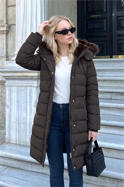Regular Fit Çıkarılabilir Kapüşonlu Fermuarlı Cepli Şişme Kadın Mont 497EMİLY KAHVE