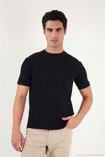Regular Fit Çizgili Dokulu Bisiklet Yaka Erkek T Shirt 5904023 SİYAH