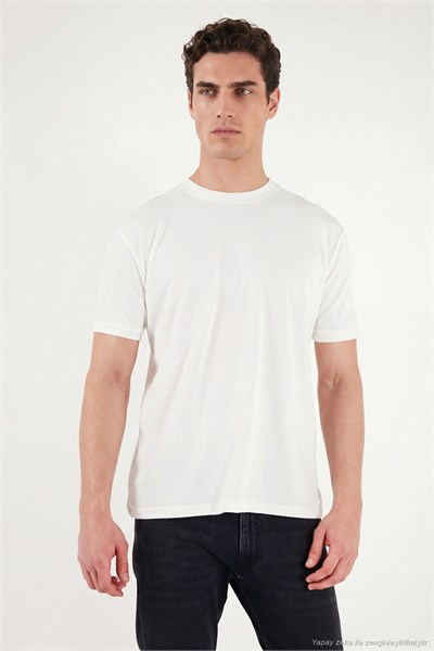 Regular Fit Çizgili Dokulu Bisiklet Yaka Erkek T Shirt 5904023 BEYAZ