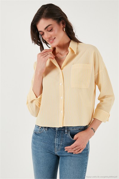 Regular Fit Çizgili Göğüs Cepli Dokulu Kadın Gömlek 6772870 SARI