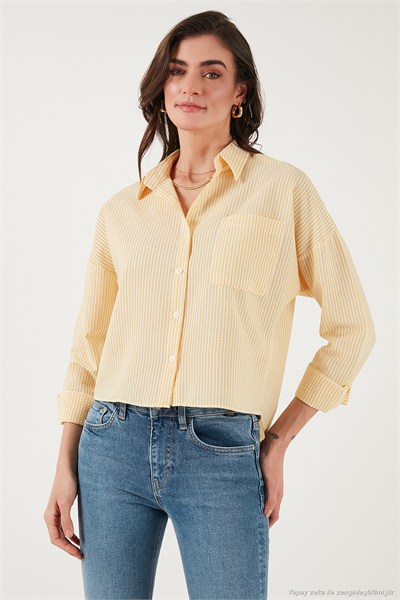 Regular Fit Çizgili Göğüs Cepli Dokulu Kadın Gömlek 6772870 SARI