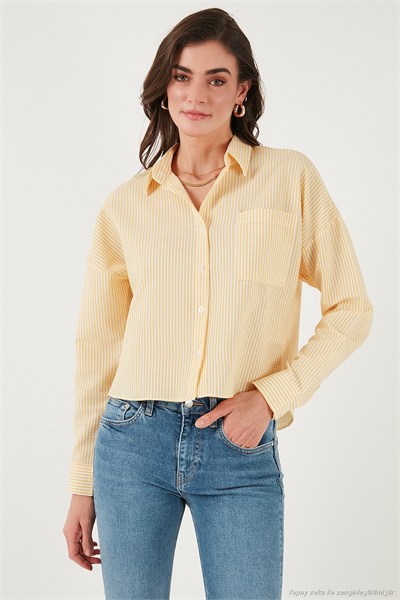 Regular Fit Çizgili Göğüs Cepli Dokulu Kadın Gömlek 6772870 SARI