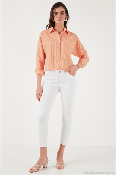 Regular Fit Çizgili Göğüs Cepli Dokulu Kadın Gömlek 6772870 ORANJ