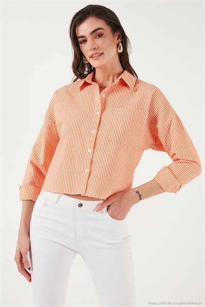 Regular Fit Çizgili Göğüs Cepli Dokulu Kadın Gömlek 6772870 ORANJ